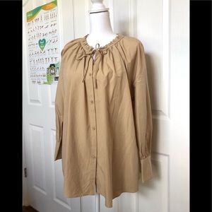 Zara Tan Cotton Oversized Button Tie Blouse With Blouson Sleeves SZ S
